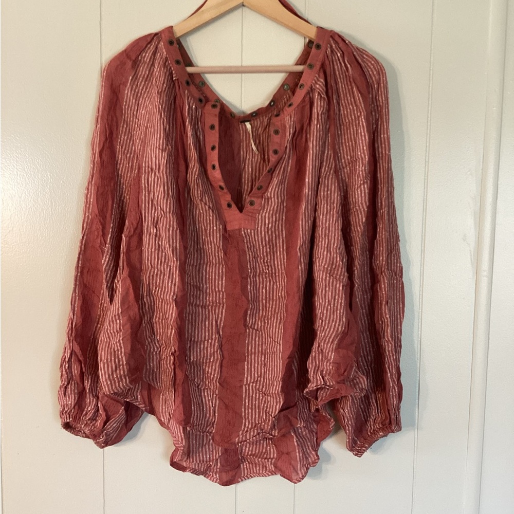 Free People Size M Rust & Cream striped V-neck long sleeve blouse Oversized
